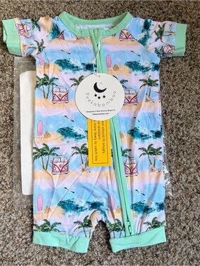 Mint Trim Beach Print Baby One-Piece Bamboo Shorty Zippy